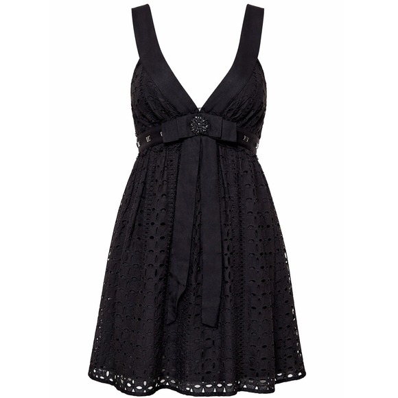 Forever 21 Dresses & Skirts - Forever 21 Black Eyelet Cotton Mini Dress V-Neck Bow Jewel Empire Waist Small